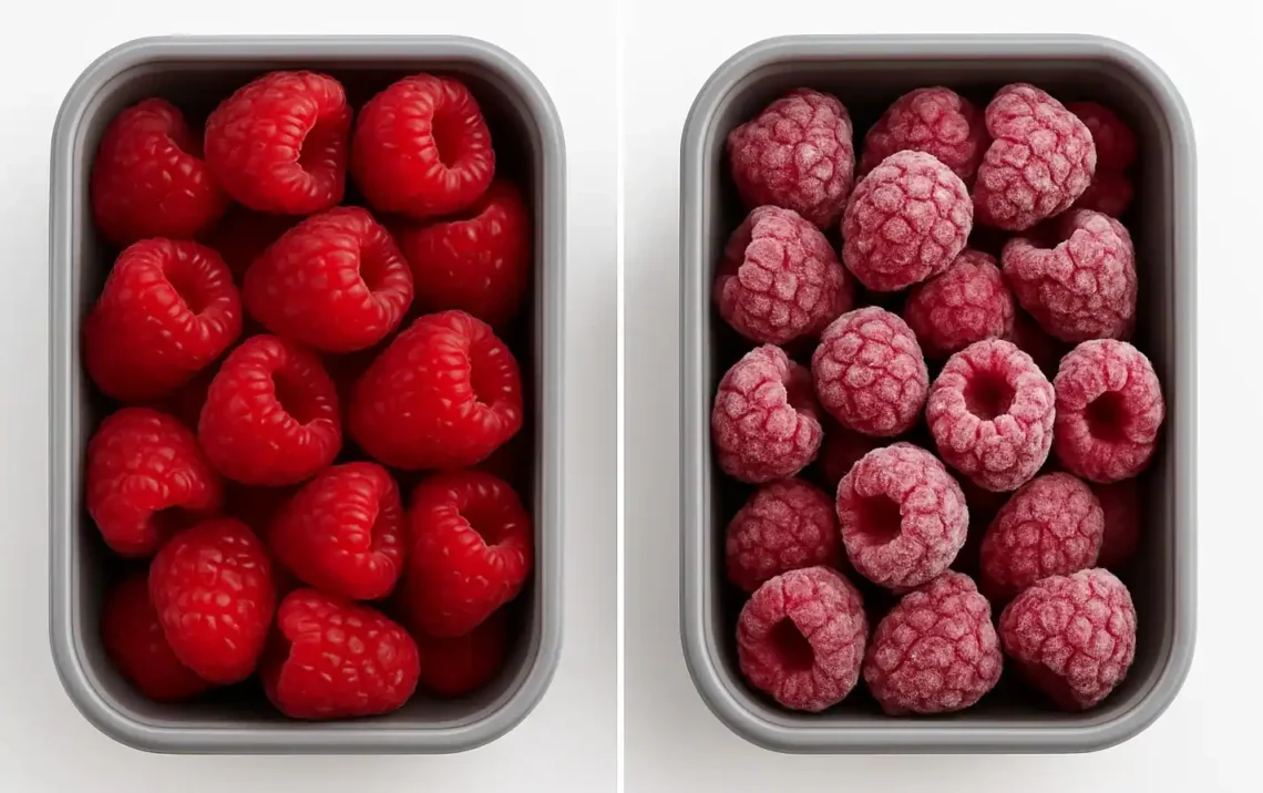 Image montrant des framboises fraîches et congelées