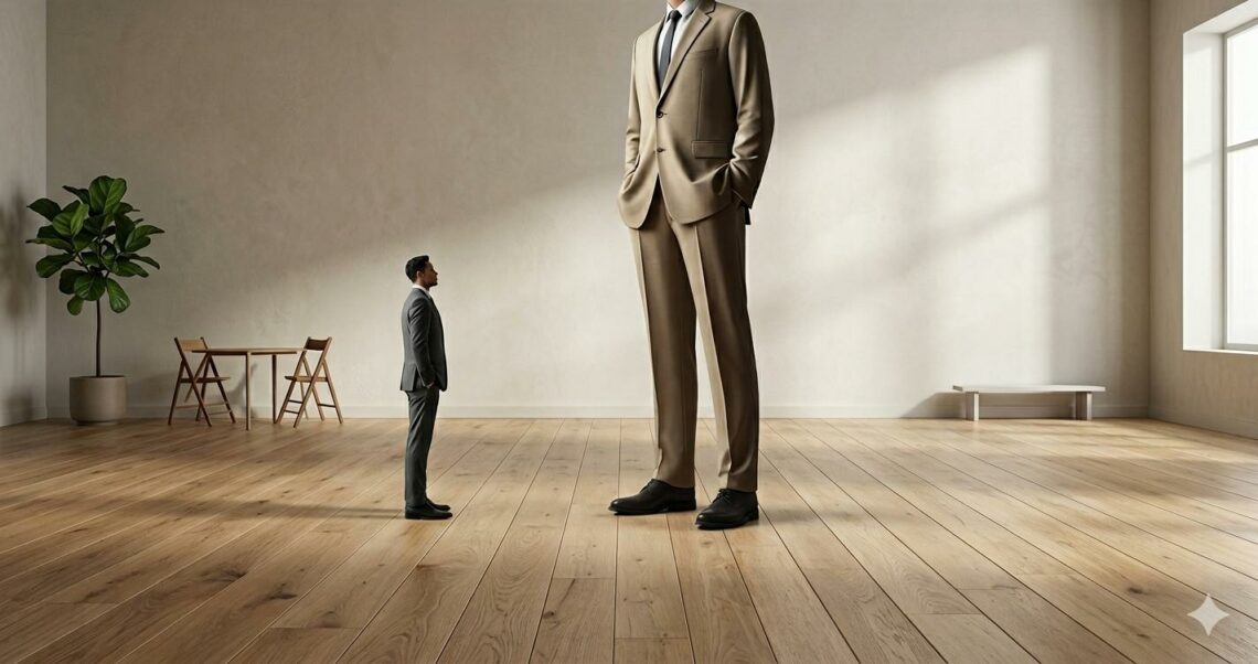 Illustration symbolique d’un apparatchik : un homme en costume imposant face à une figure plus petite