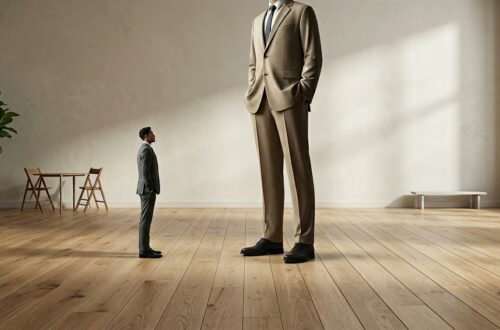 Illustration symbolique d’un apparatchik : un homme en costume imposant face à une figure plus petite