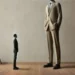Illustration symbolique d’un apparatchik : un homme en costume imposant face à une figure plus petite