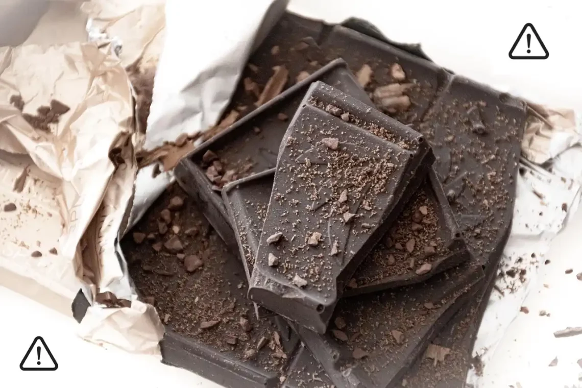 Image montrant du chocolat noir et des panneaux attention car certains ne sont pas bons pour la santé