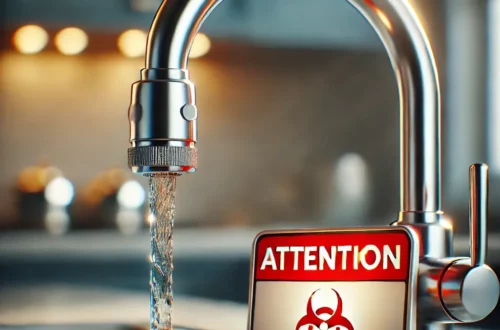 Robinet d’eau avec un panneau rouge "ATTENTION ⚠️" indiquant un danger potentiel lié à la qualité de l’eau potable - TFA